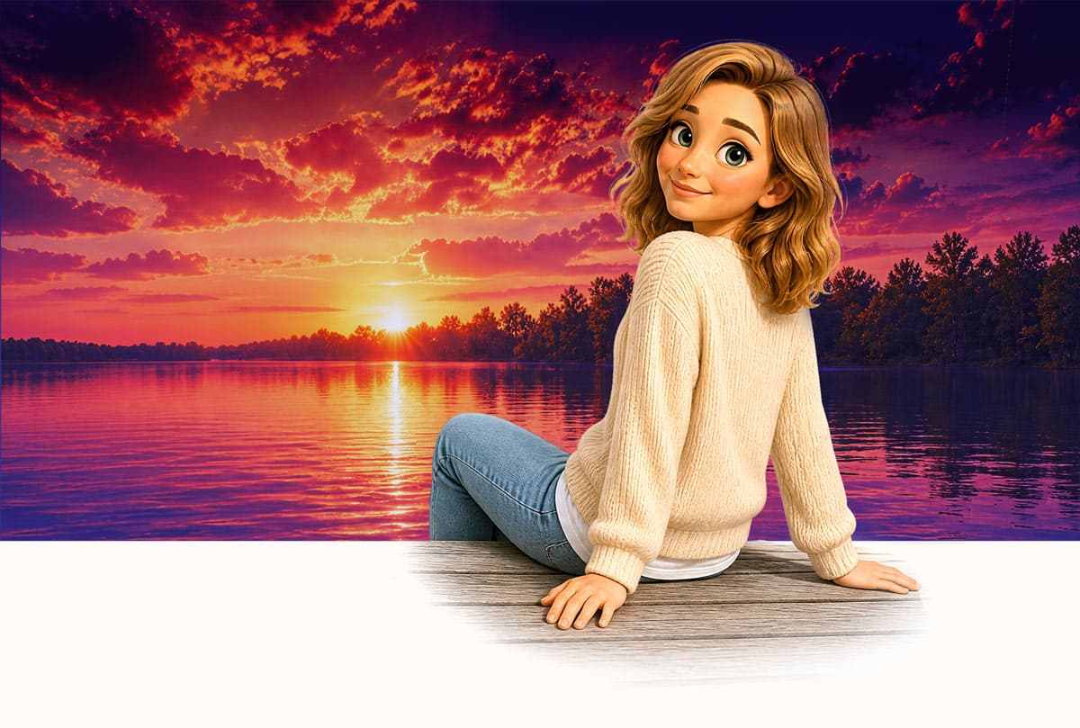Mira seated beside a sunset lake, looking back with a welcoming expression.