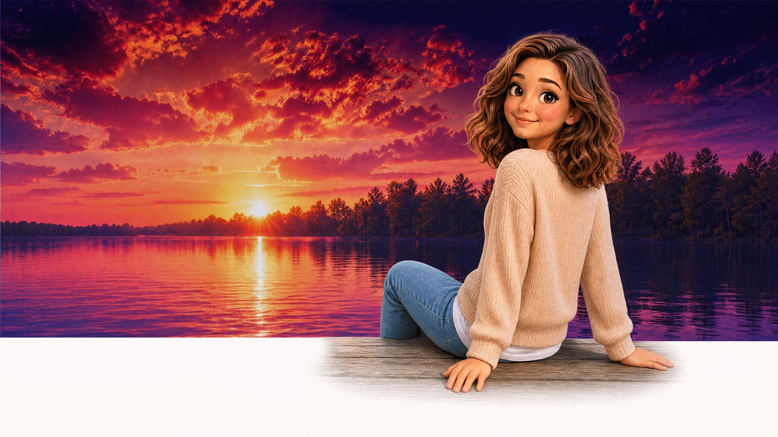 Mira seated beside a sunset lake, looking back with a welcoming expression.